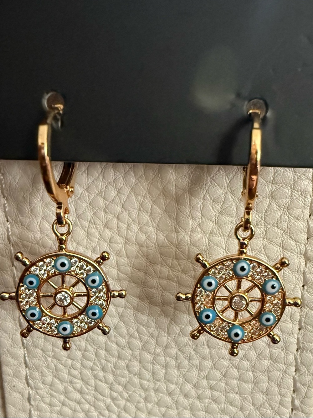 Rose Gold Nautical Wheel Dangle Earrings with Evil Eye and CZ Accents *NEW